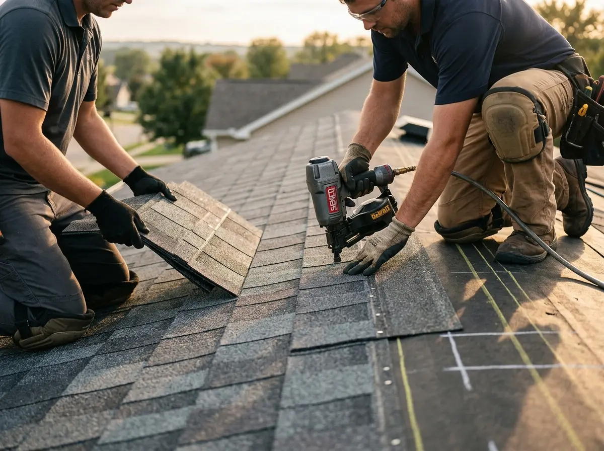 Professional roofer working on a residential roof in Normal